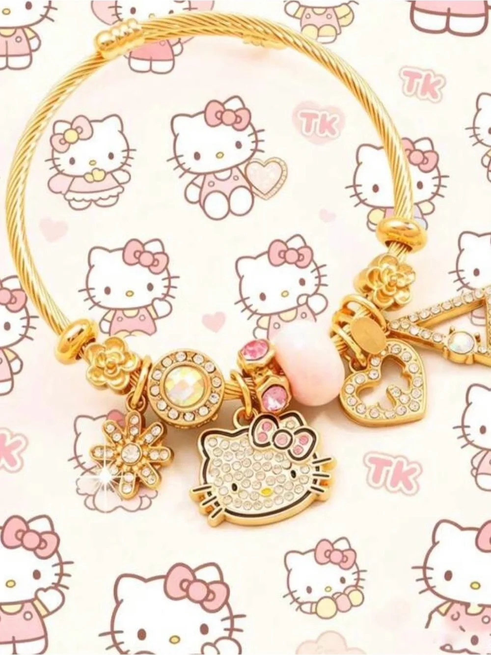 Sanrio Hello Kitty Gold and Pink Crystal Charm Bangle